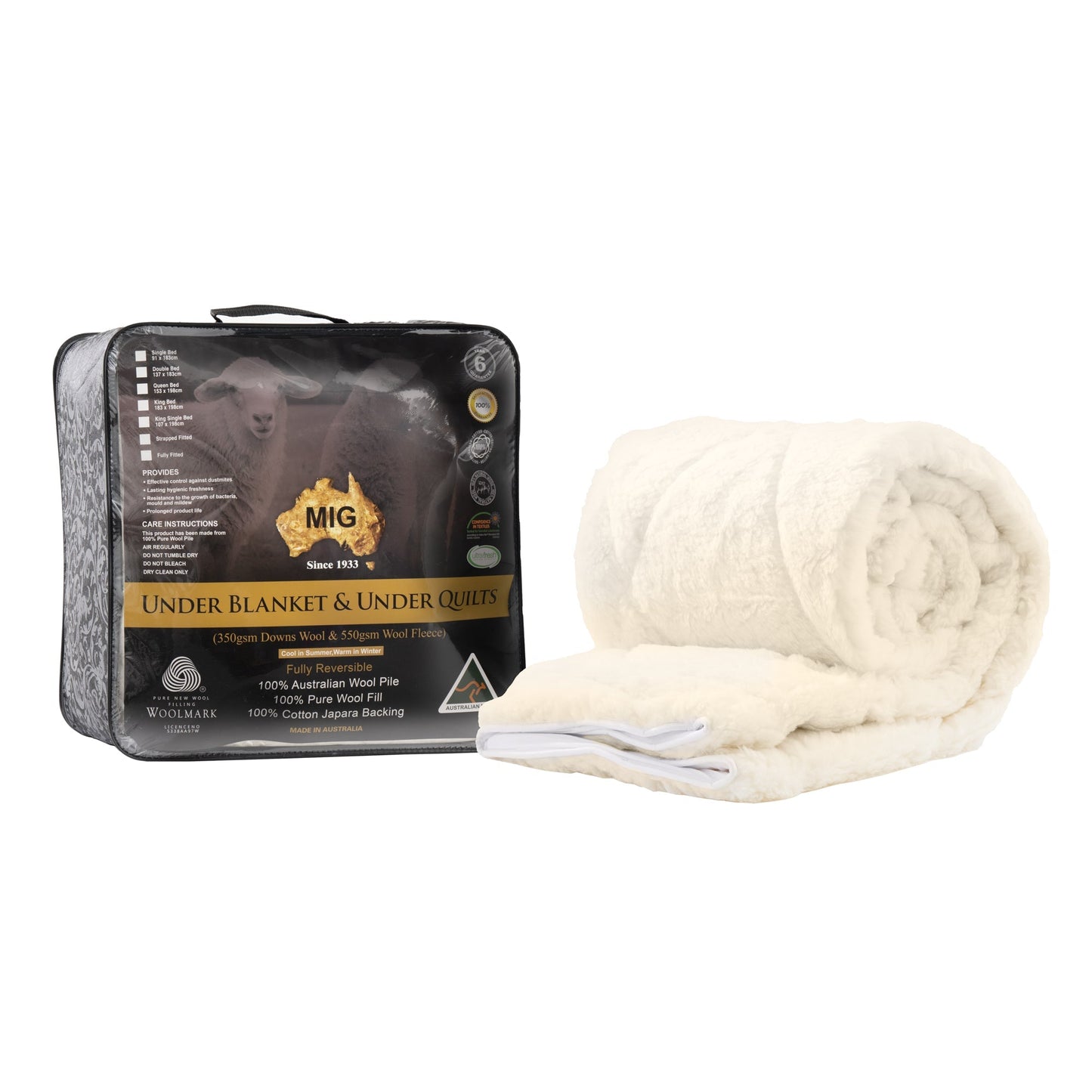 MIG Australia 800GSM Wool Underlay Strap Fitted Queen