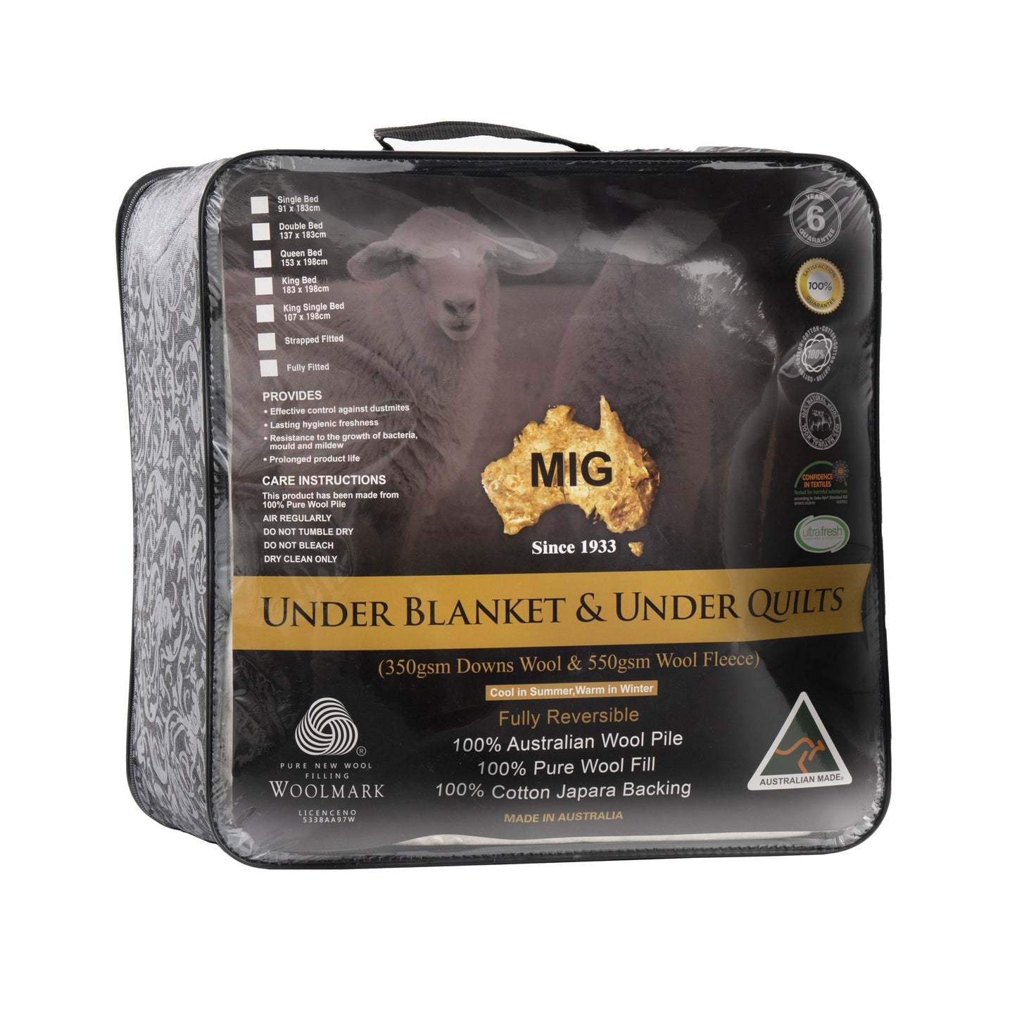 MIG Australia 800GSM Wool Underlay Strap Fitted Queen